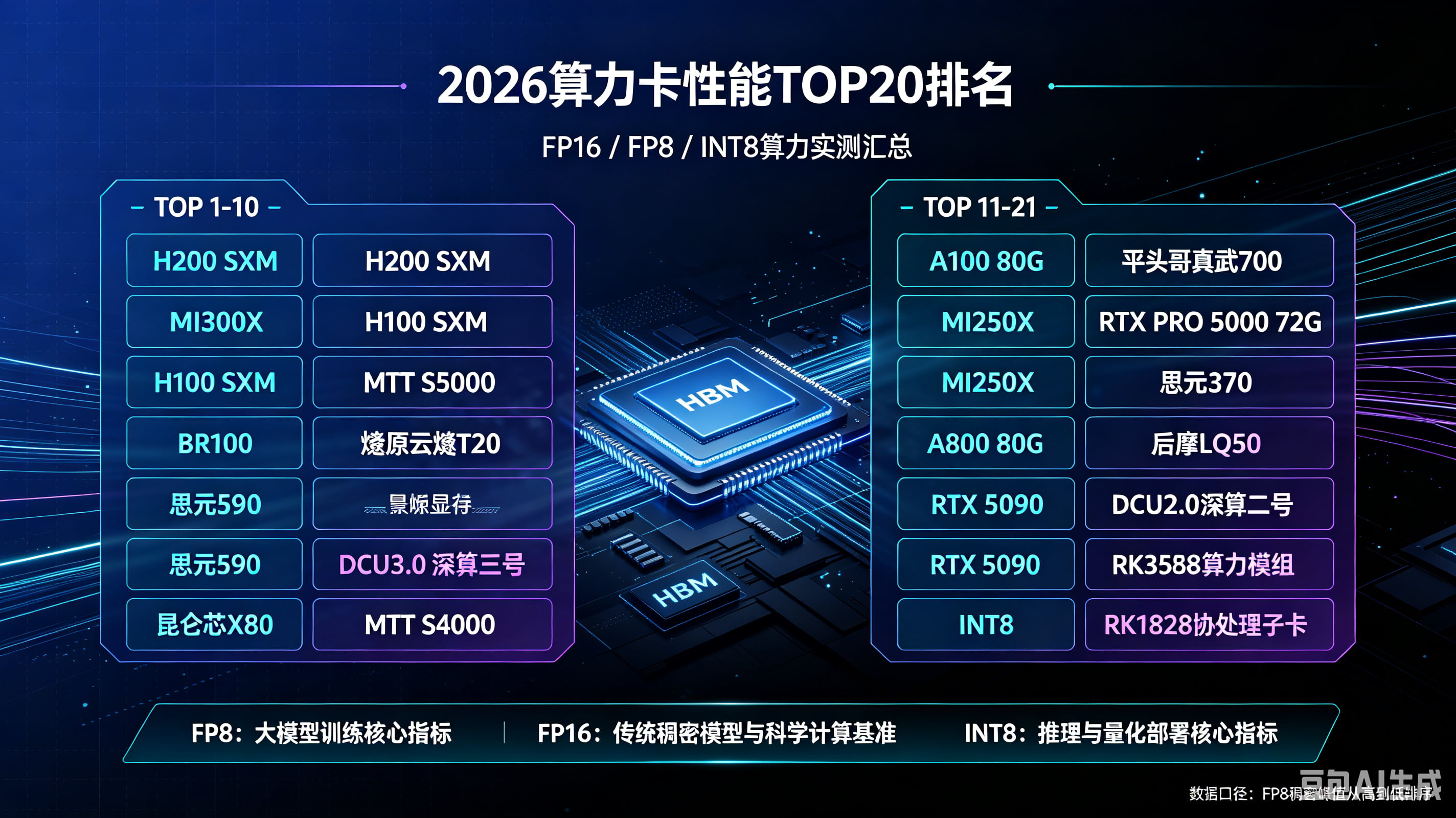 2026 算力卡性能 TOP20 排名，FP16/FP8/I