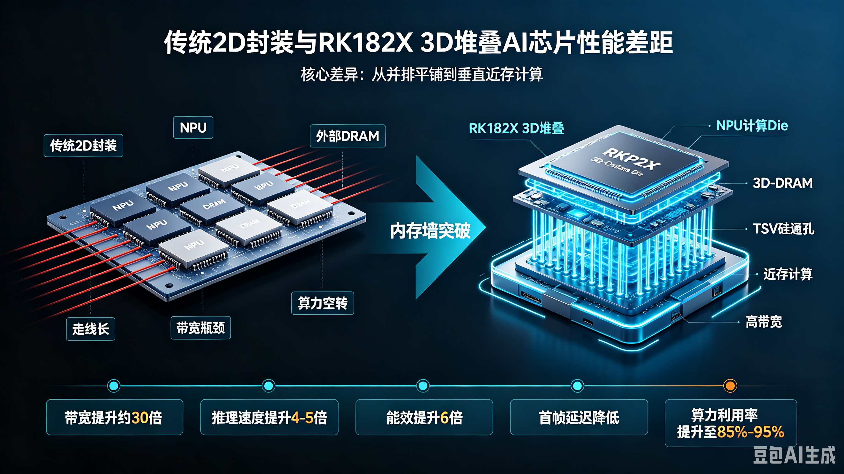 传统 2D 封装和 瑞芯微RK182X 3D 堆叠 AI 芯片性能差距在哪？(图1)