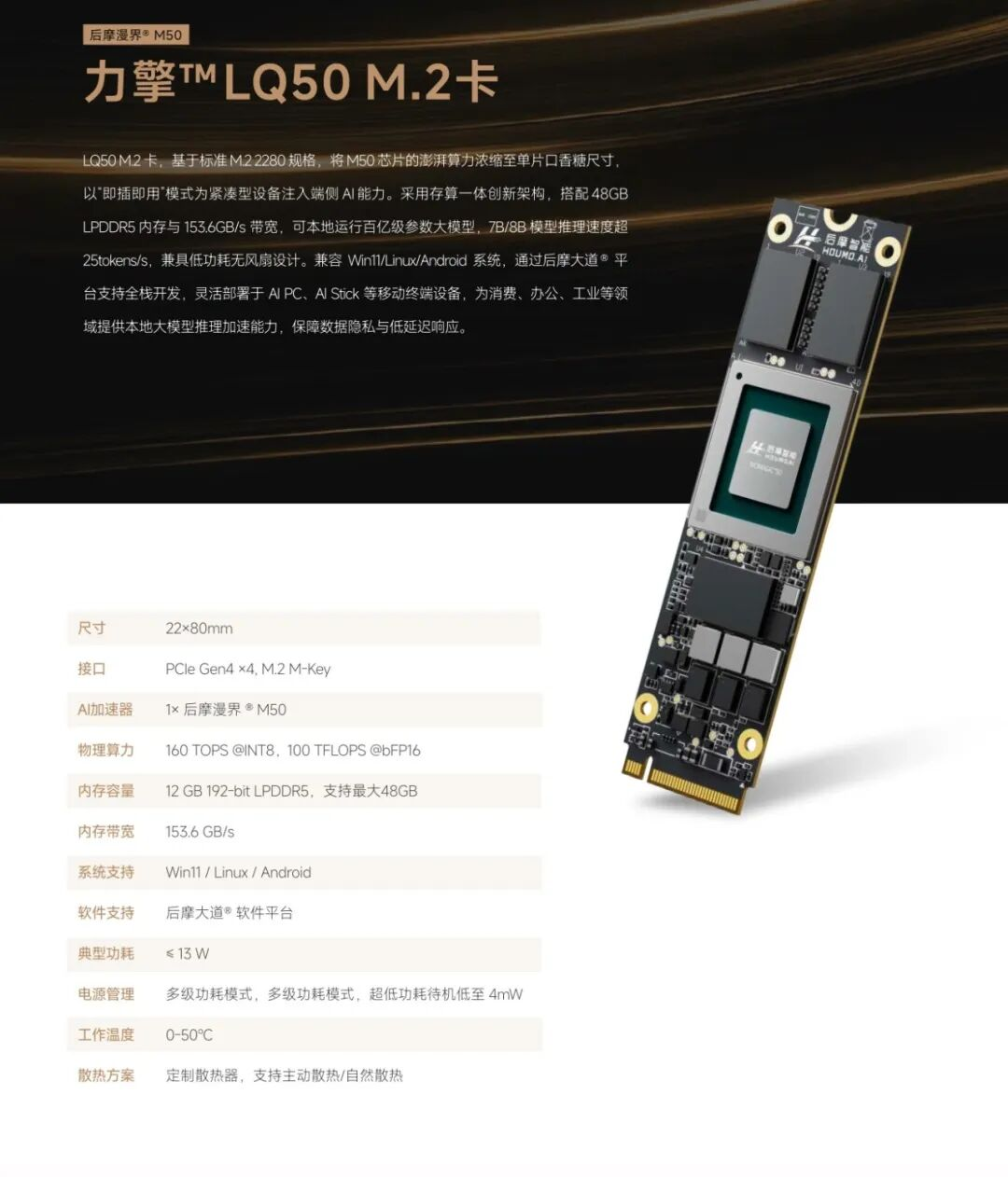 海外热度上涨|力擎 LQ50 M.2 算力卡 后摩 M50 端侧离线大模型优选(图1)