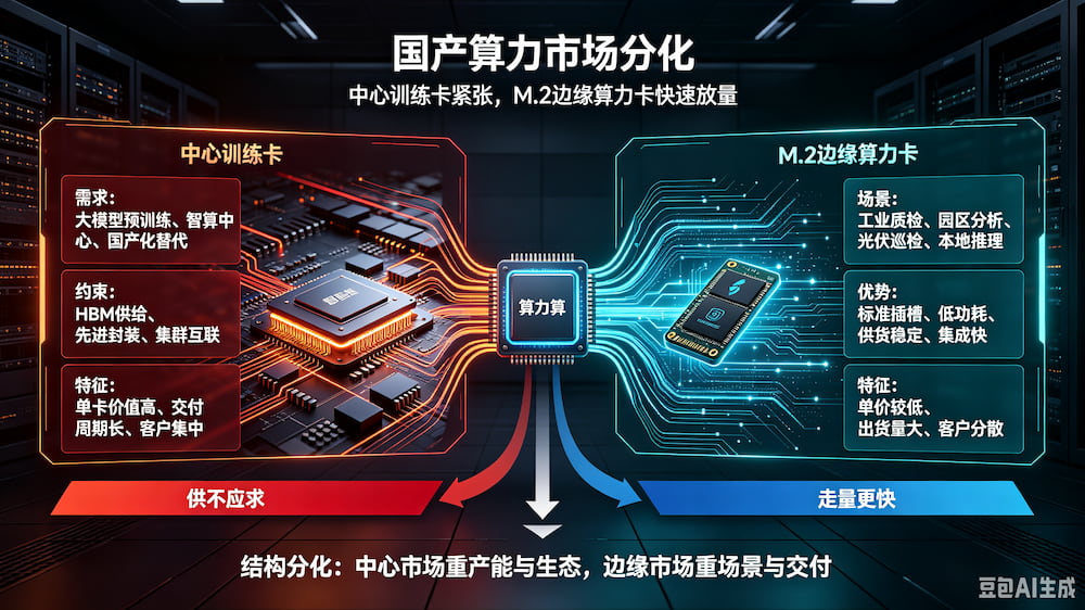 国产算力市场分化：中心训练卡供不应求，M.2边缘算力卡走量更