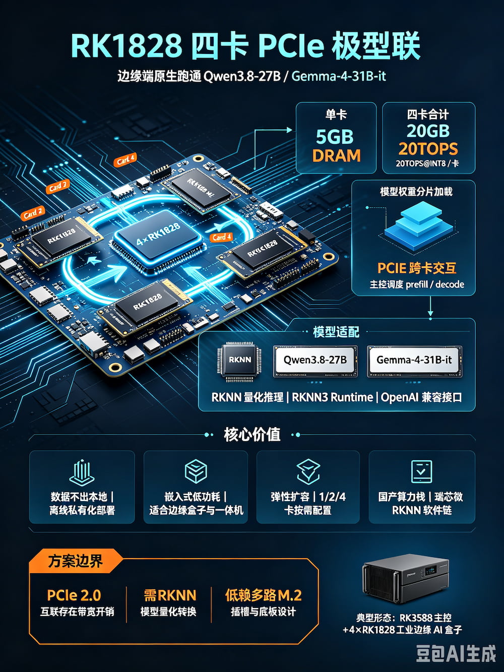 RK1828 四卡 PCIe 级联方案落地，边缘端可原生跑通 Qwen3.8-27B、Gemma-4-31B-it(图1)