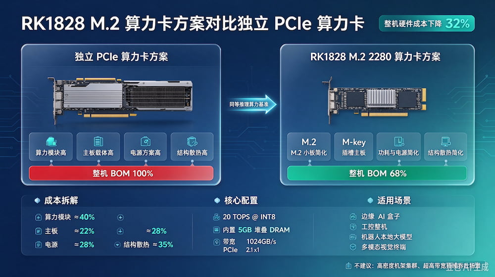 集成商 BOM 测算:RK1828 M.2 算力卡方案对比独立 PCIe 算力卡,整机硬件成本下降 32%(图1)