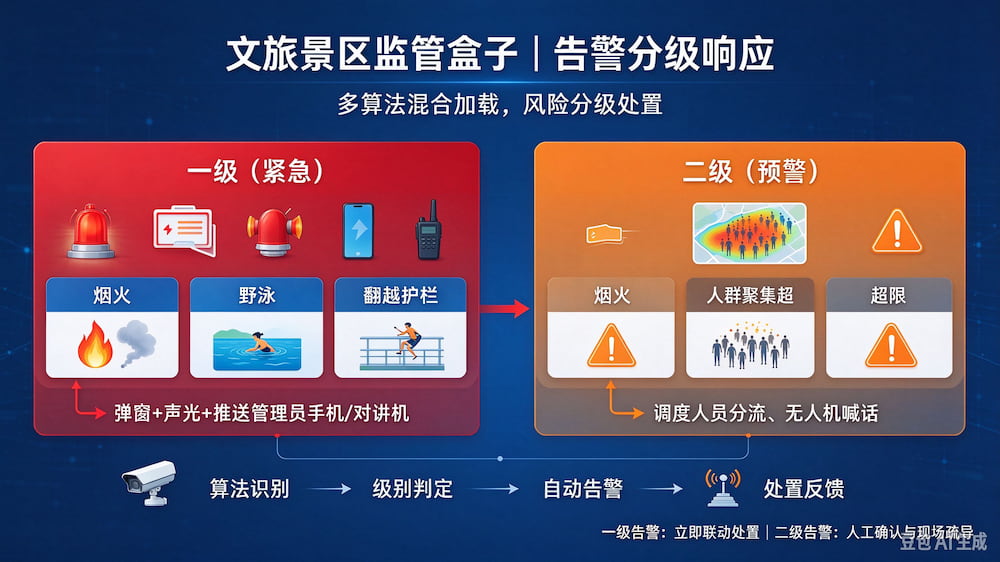 文旅景区监管盒子|多算法混合加载方案(烟火+人群聚集+翻越护栏+野泳)(图1)